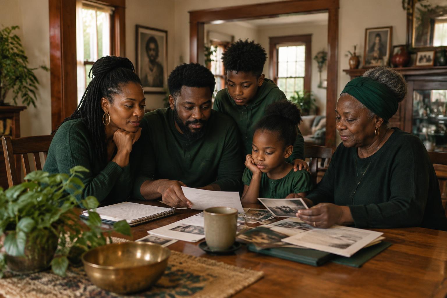 A Black family reviewing household papers and family photographs together at home