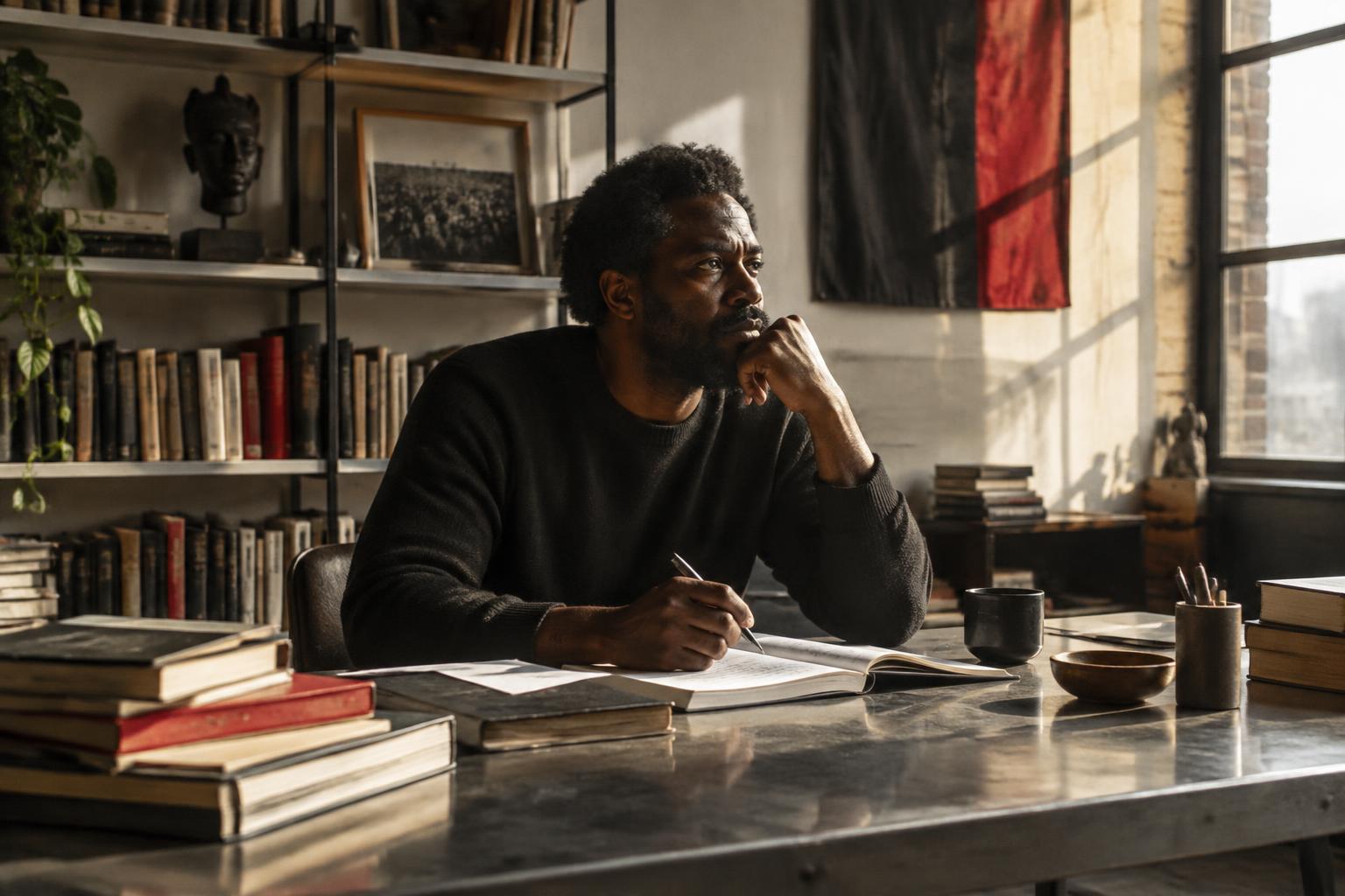 Writer reflecting at a steel desk in a book-lined studio